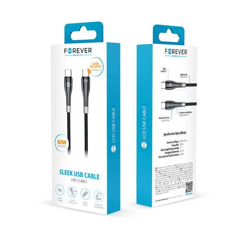 Forever Sleek USB-C uz USB-C kabelis 1 m 60 W melns ātrai uzlādei un datu pārraidei