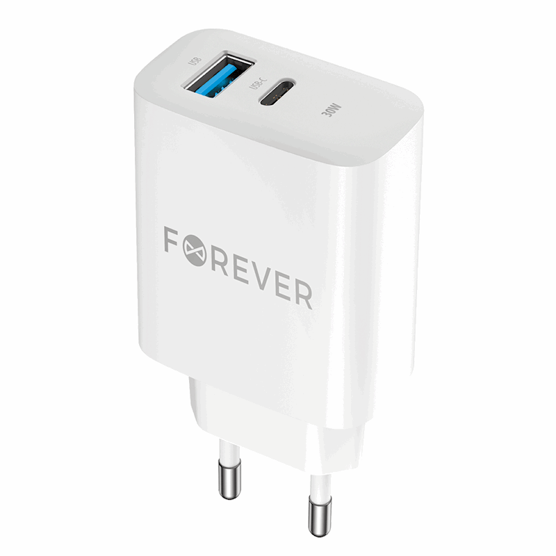 Forever TC-07-30AC PD QC lādētājs 1x USB-C 1x USB 30W balts