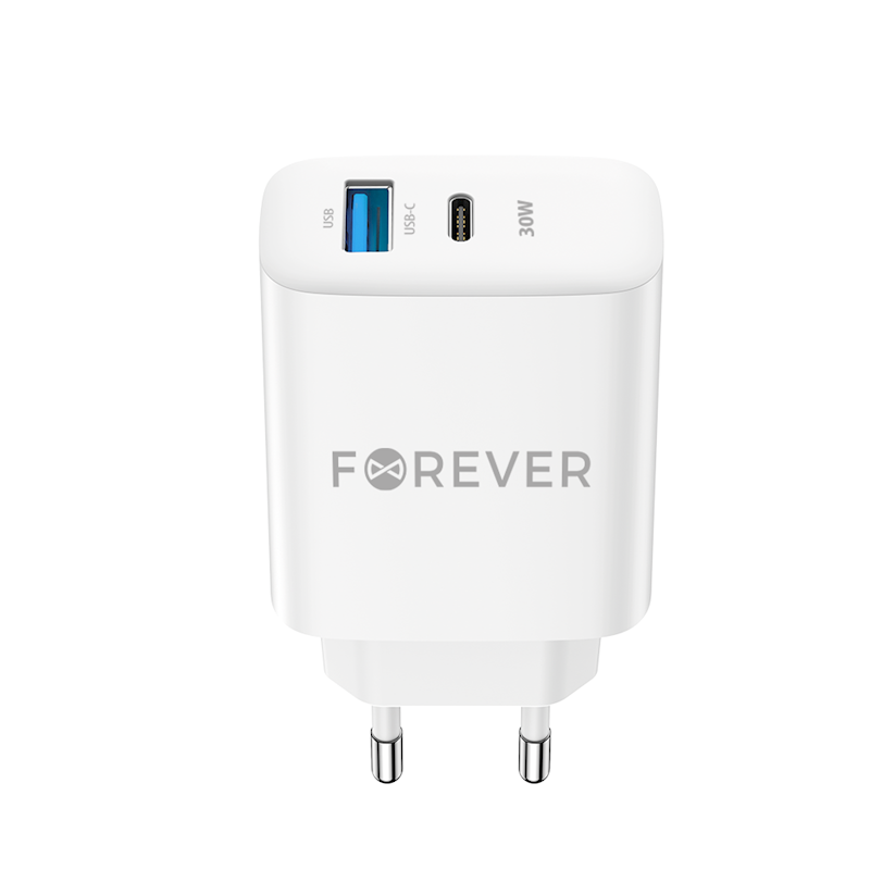 Forever TC-07-30AC PD QC lādētājs 1x USB-C 1x USB 30W balts