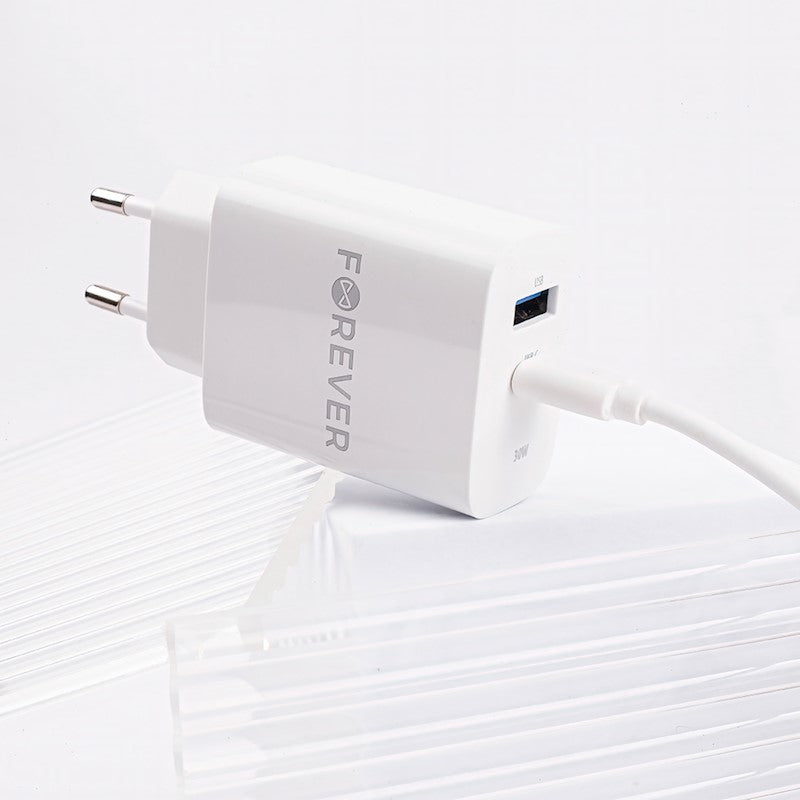 Forever TC-07-30AC PD QC lādētājs 1x USB-C 1x USB 30W balts