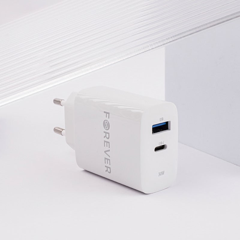 Forever TC-07-30AC PD QC lādētājs 1x USB-C 1x USB 30W balts