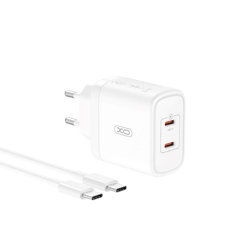 XO CE08 PD sienas lādētājs 50W, 2x USB-C, balts + USB-C - USB-C kabelis