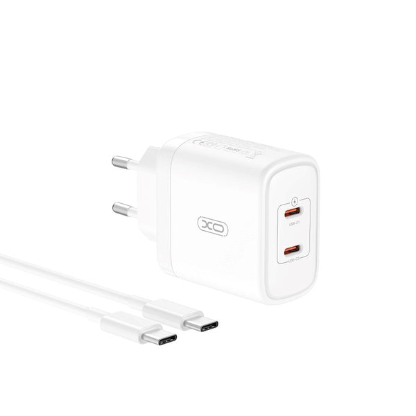 XO CE08 PD sienas lādētājs 50W, 2x USB-C, balts + USB-C - USB-C kabelis