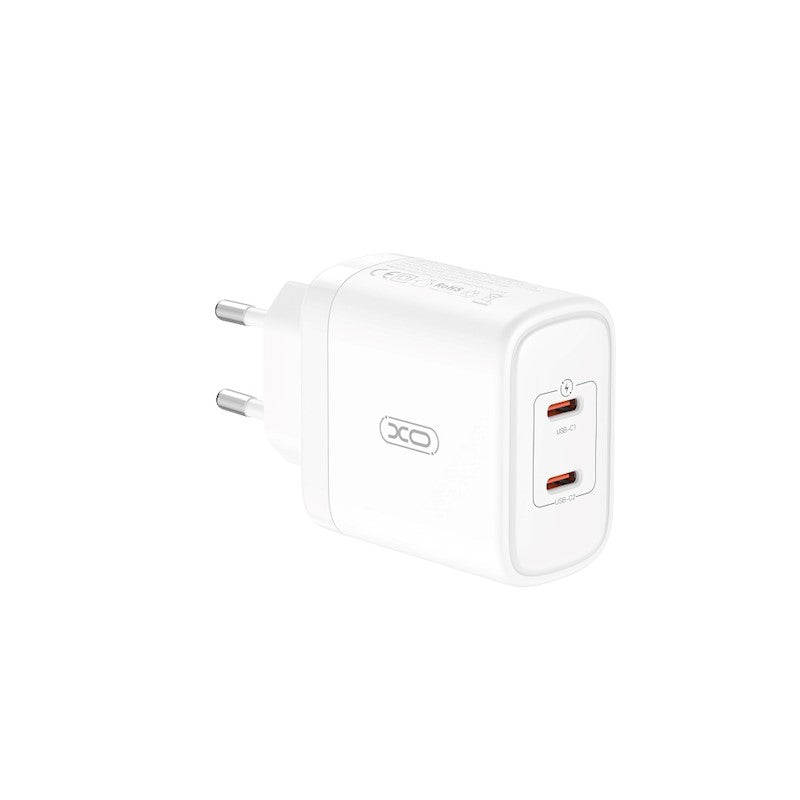 XO CE08 PD sienas lādētājs 50W, 2x USB-C, balts + USB-C - USB-C kabelis