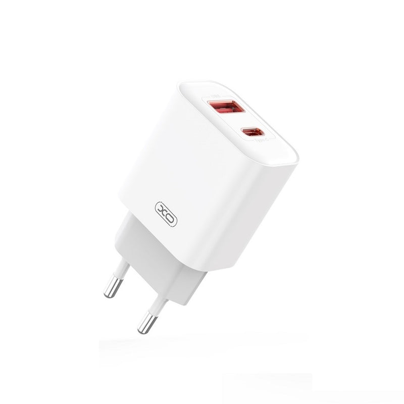 XO CE12 tīkla lādētājs 20 W PD QC 1x USB-C 1x USB balts ātrai uzlādei