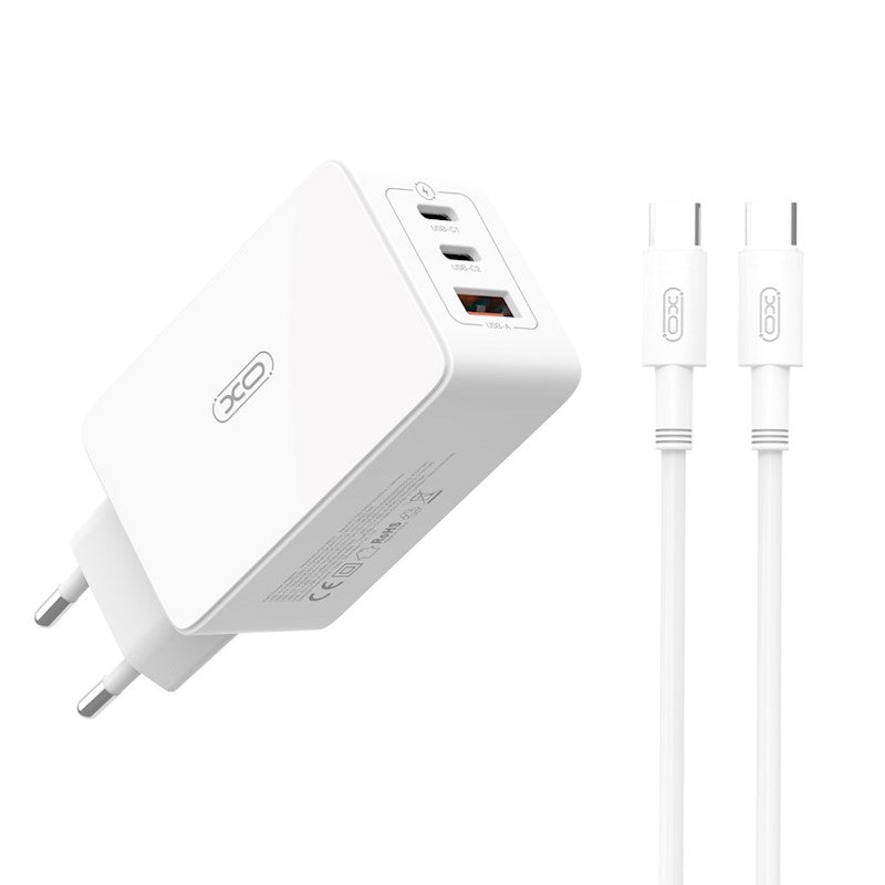 XO CE13 PD QC 3.0 sienas lādētājs 65W, 1x USB, 2x USB-C, balts + USB-C - USB-C kabelis