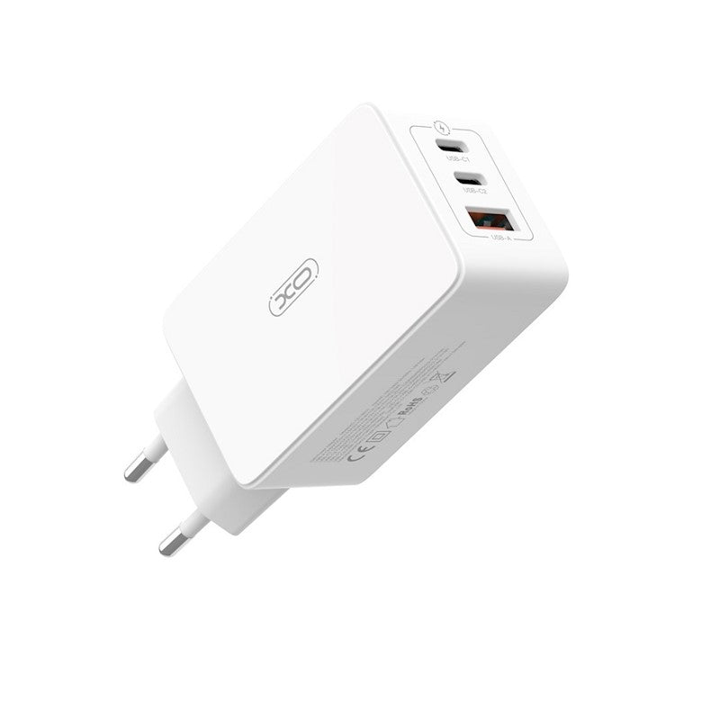 XO CE13 PD QC 3.0 sienas lādētājs 65W, 1x USB, 2x USB-C, balts + USB-C - USB-C kabelis