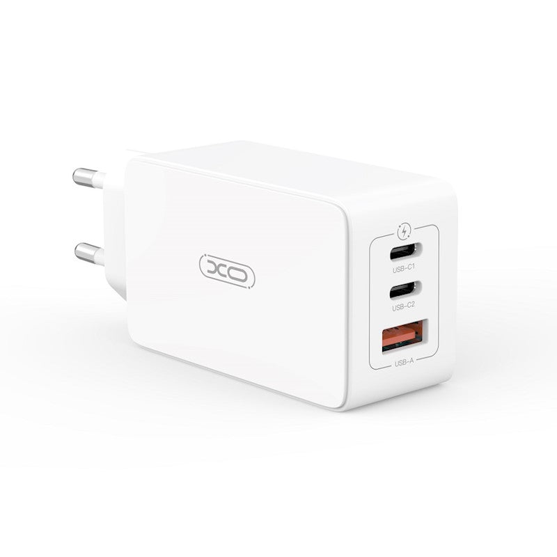 XO CE13 PD QC 3.0 sienas lādētājs 65W, 1x USB, 2x USB-C, balts + USB-C - USB-C kabelis