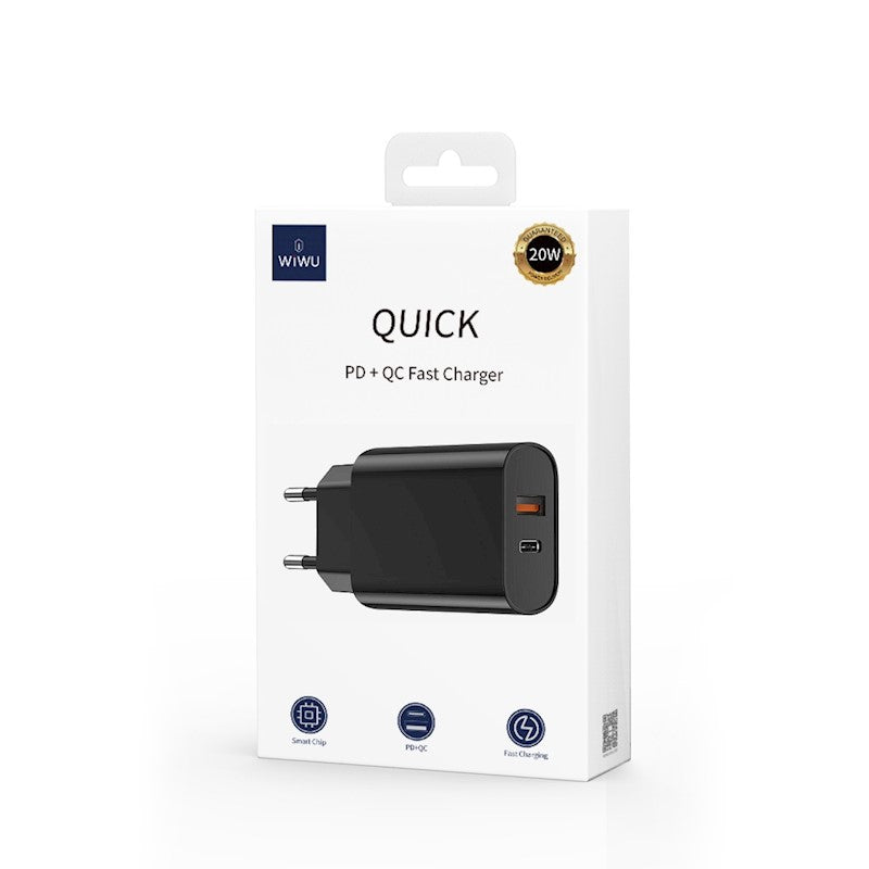 WIWU väggladdare Wi-U002 PD + QC 20W 1x USB 1x USB-C svart