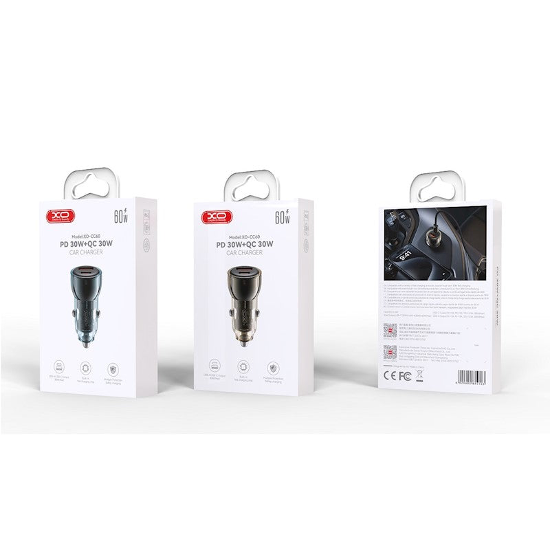 XO auto lādētājs CC60 60 W ar USB un USB-C pieslēgvietām, ātrā uzlāde PD, kompakts dizains, zils
