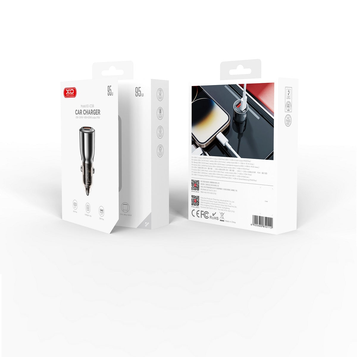 XO CC58 auto lādētājs, 95 W, USB-C PD un USB-A QC 3.0, melns