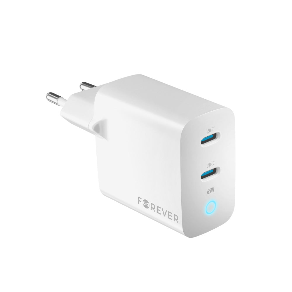 Forever TC-06-65CC GaN PD/QC sienas lādētājs ar 2 USB-C pieslēgvietām, 65 W, balts