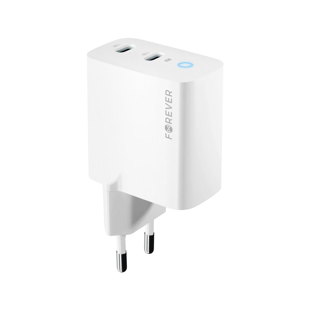 Forever TC-06-65CC GaN PD/QC sienas lādētājs ar 2 USB-C pieslēgvietām, 65 W, balts