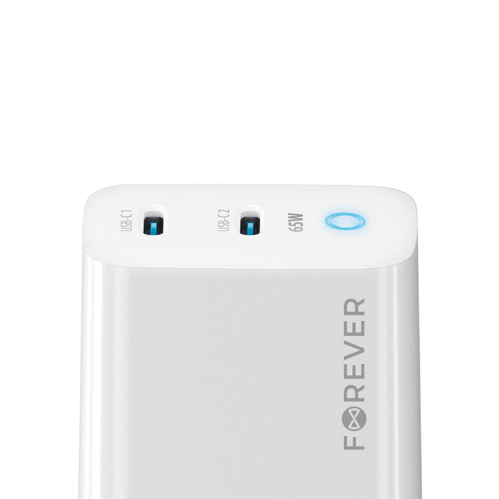 Forever TC-06-65CC GaN PD/QC sienas lādētājs ar 2 USB-C pieslēgvietām, 65 W, balts