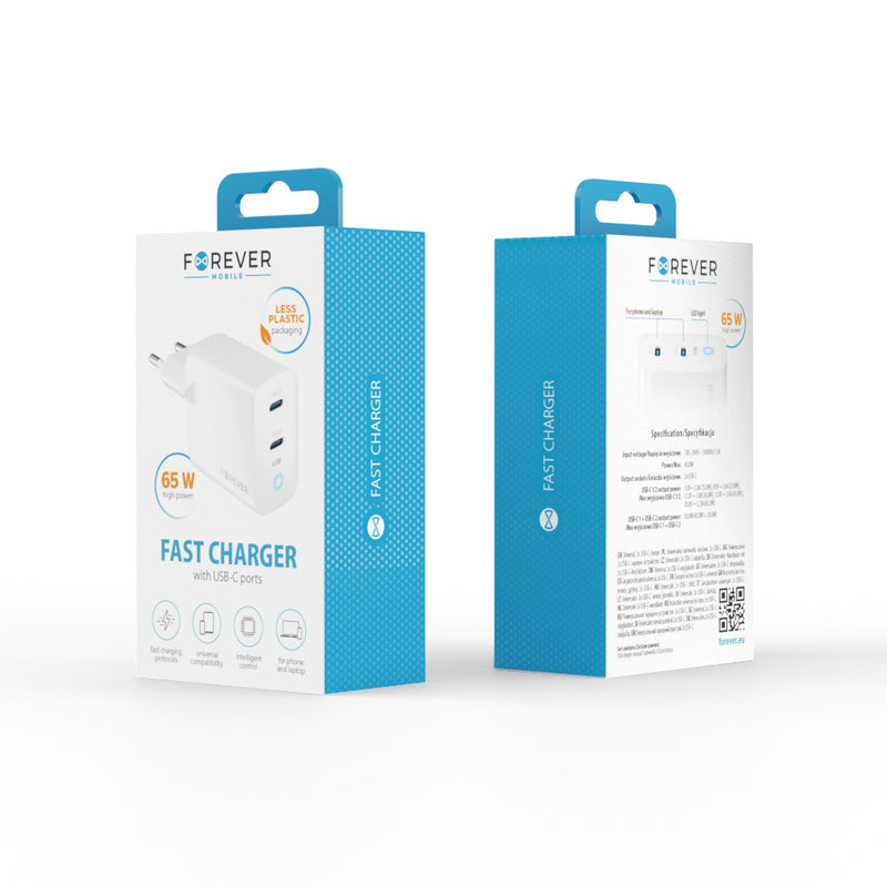 Forever TC-06-65CC GaN PD/QC sienas lādētājs ar 2 USB-C pieslēgvietām, 65 W, balts