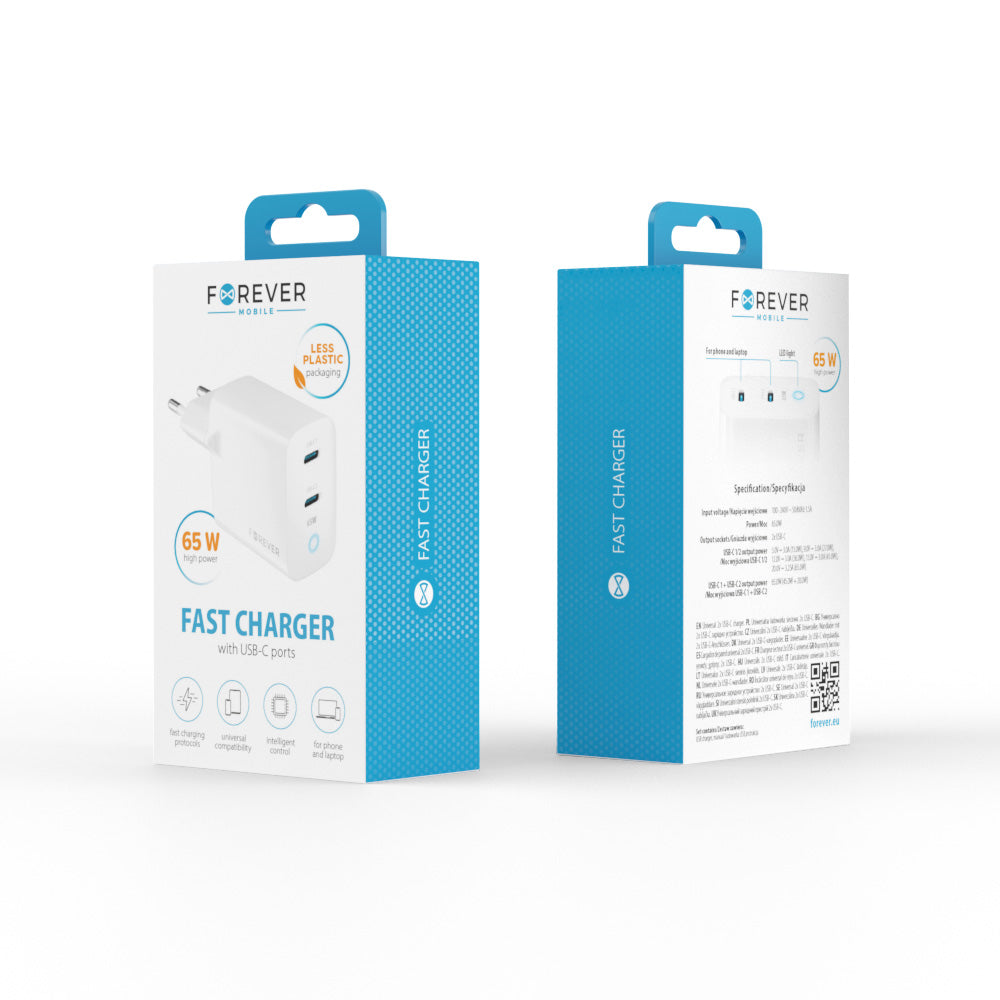 Forever TC-06-65CC GaN PD/QC sienas lādētājs ar 2 USB-C pieslēgvietām, 65 W, balts