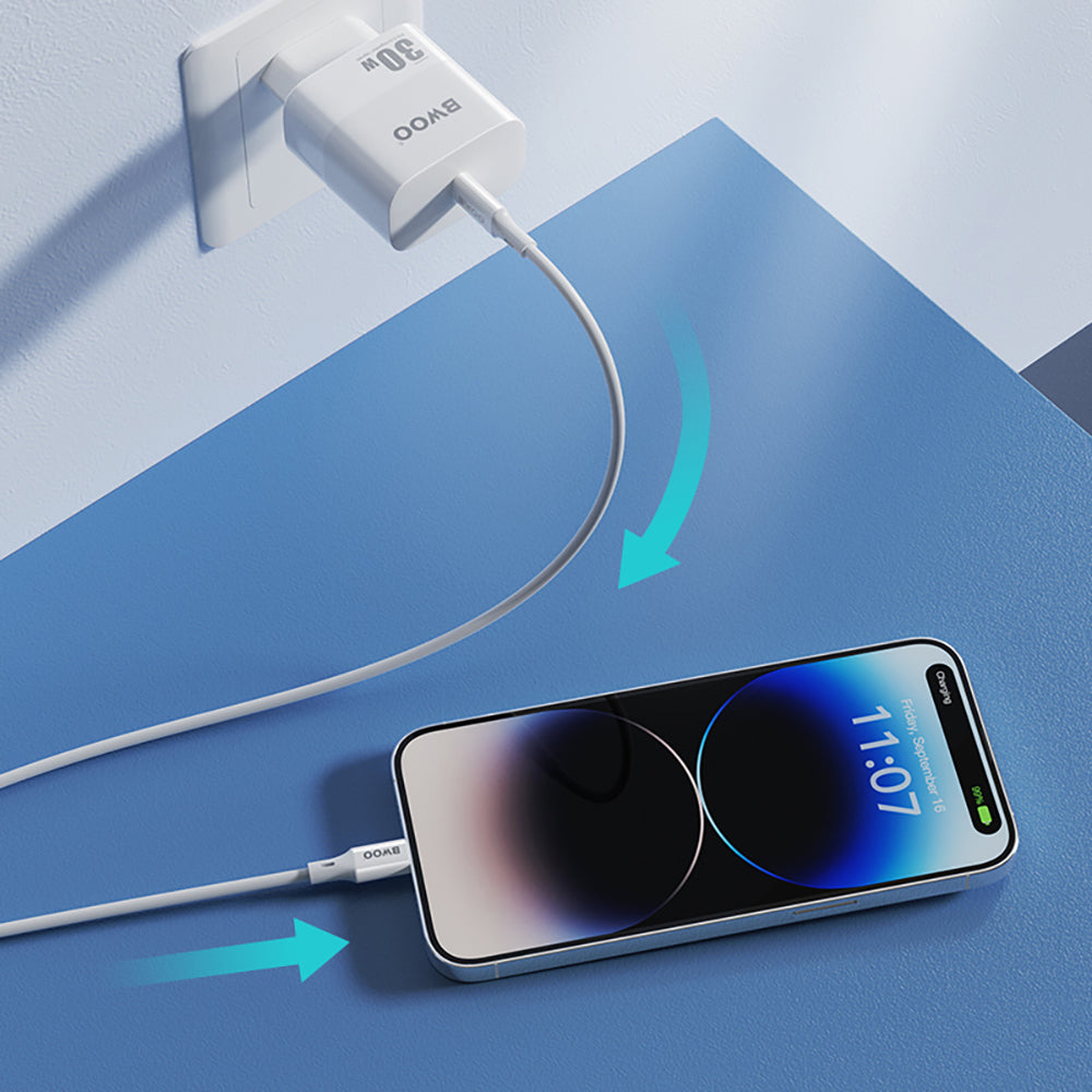 Кабель BWOO USB-C — Lightning, 1 м, 27 Вт, белый, для быстрой зарядки и передачи данных