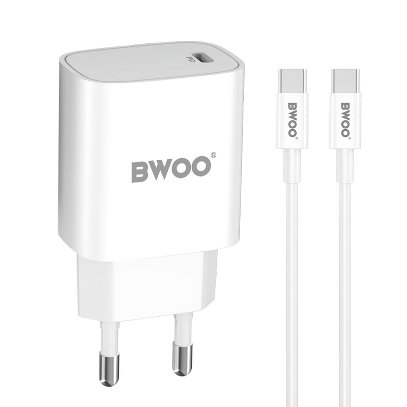 BWOO CDA159 PD sienas lādētājs ar USB-C–USB-C kabeli, 20 W, balts