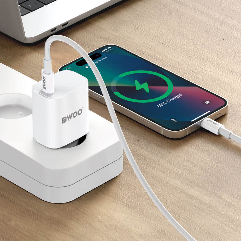BWOO CDA159 PD sienas lādētājs ar USB-C–USB-C kabeli, 20 W, balts