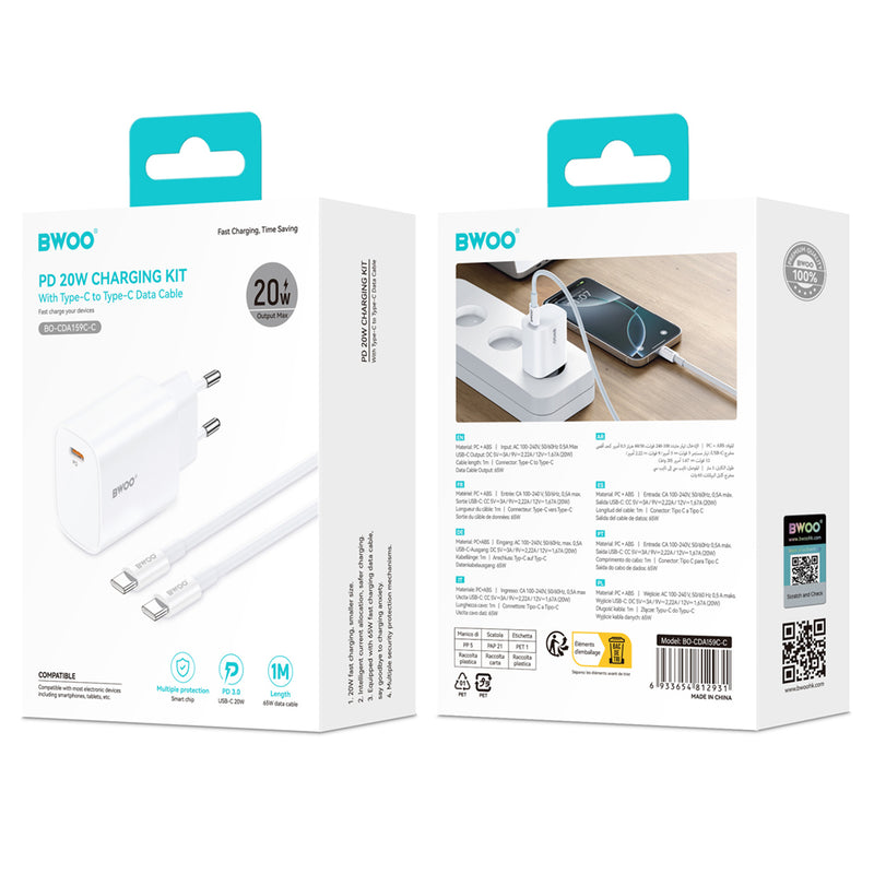 BWOO CDA159 PD sienas lādētājs ar USB-C–USB-C kabeli, 20 W, balts