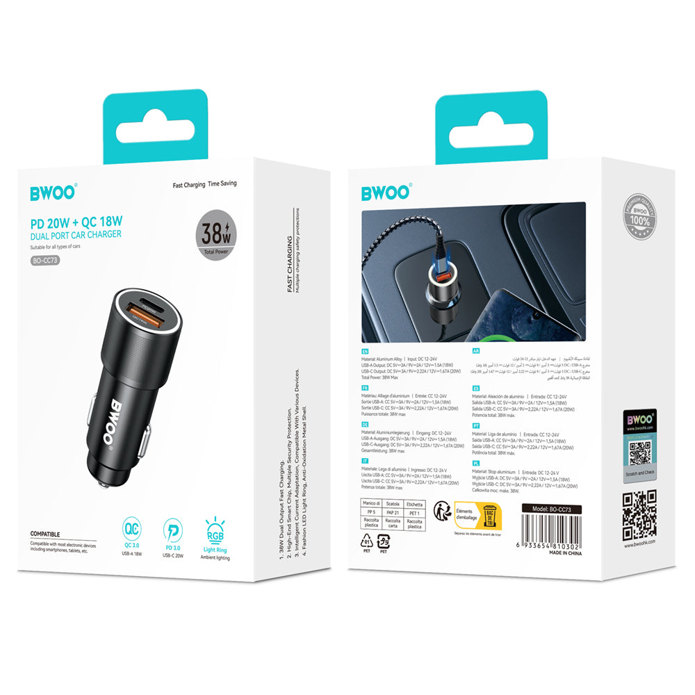 BWOO BO-CC73 auto lādētājs, 38 W, USB-C PD 20 W un USB-A QC 18 W, sudraba