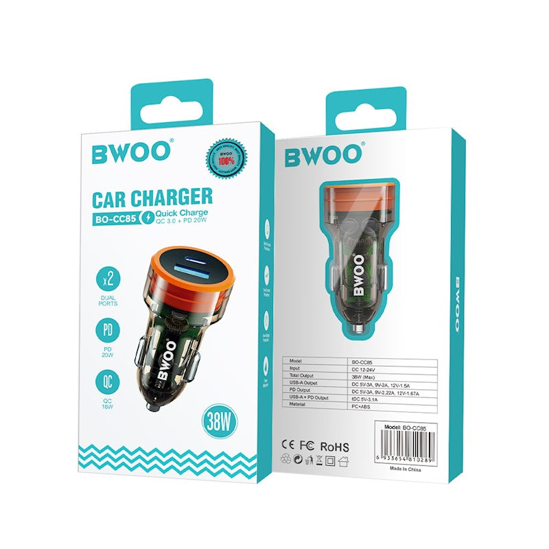 BWOO Car Charger USB-C + USB-A, 38 W, transparent