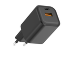 QUALO Nano PD GaN 65 W sienas lādētājs ar USB-C un USB-A pieslēgvietām, Power Delivery un Quick Charge atbalsts, kompakts GaN dizains, ātrā uzlāde viedierīcēm un klēpjdatoriem, melns