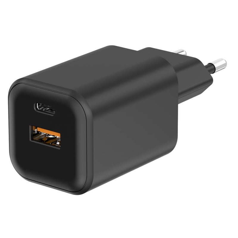 QUALO Nano PD GaN 65 W sienas lādētājs ar USB-C un USB-A pieslēgvietām, Power Delivery un Quick Charge atbalsts, kompakts GaN dizains, ātrā uzlāde viedierīcēm un klēpjdatoriem, melns