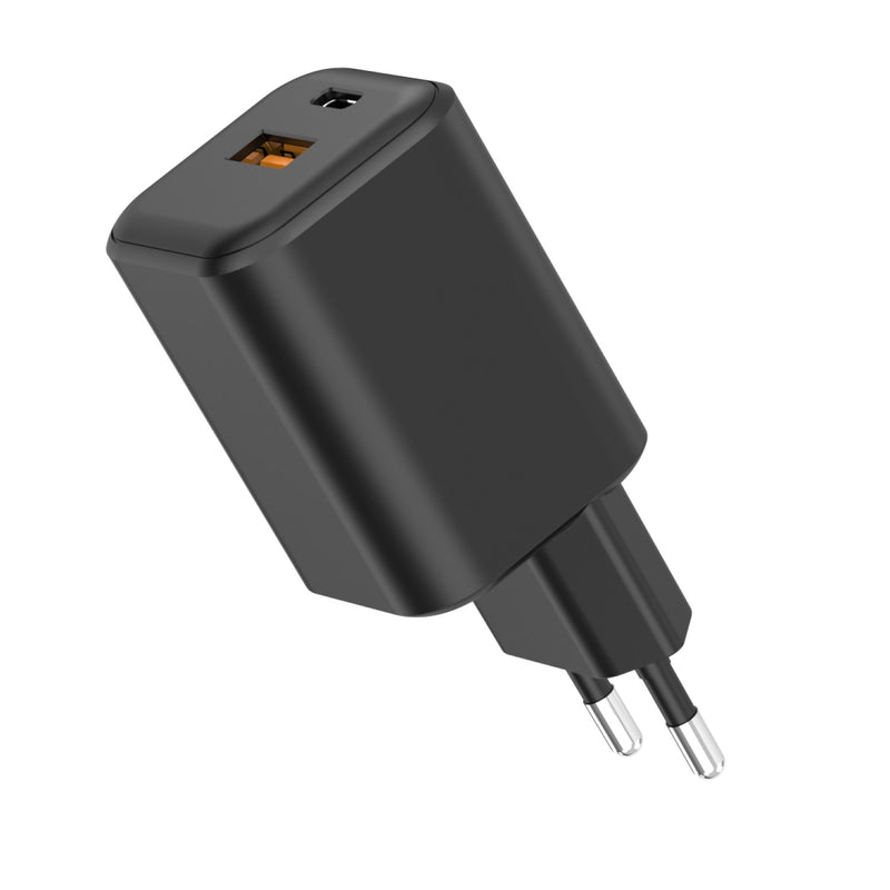 QUALO Nano PD GaN 65 W sienas lādētājs ar USB-C un USB-A pieslēgvietām, Power Delivery un Quick Charge atbalsts, kompakts GaN dizains, ātrā uzlāde viedierīcēm un klēpjdatoriem, melns