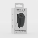 QUALO Nano PD GaN 65 W sienas lādētājs ar USB-C un USB-A pieslēgvietām, Power Delivery un Quick Charge atbalsts, kompakts GaN dizains, ātrā uzlāde viedierīcēm un klēpjdatoriem, melns