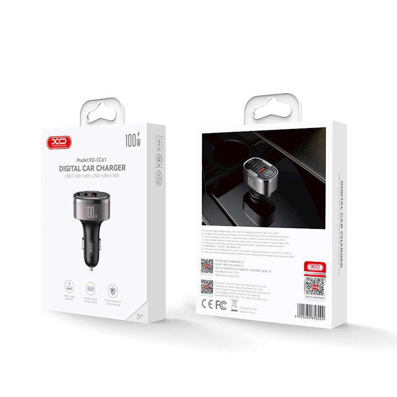 XO auto lādētājs CC61 100 W ar USB, USB-C un Lightning pieslēgvietām, PD un QC 3.0 ātrā uzlāde, pelēks