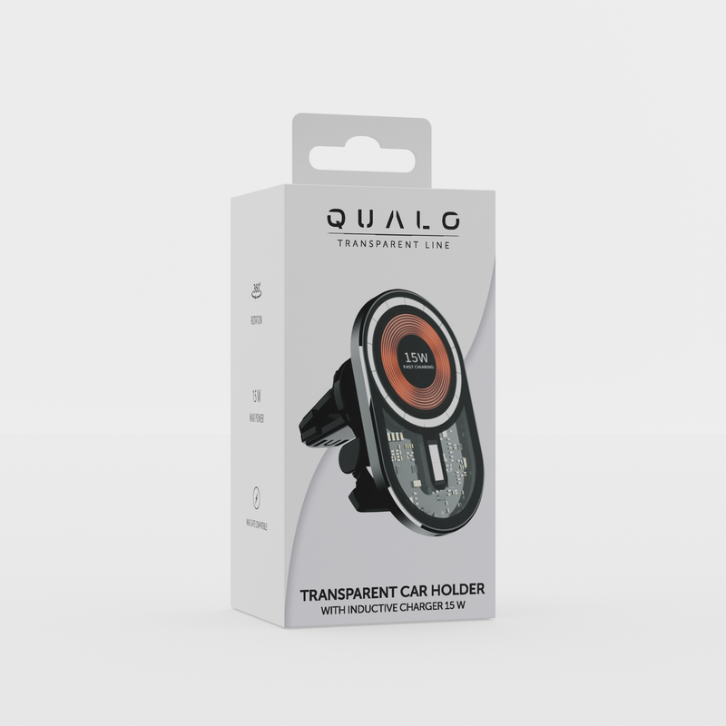 Qualo QTUS-K-15-18 bezvadu auto telefona turētājs 15 W caurspīdīgs pelēks ar ventilācijas stiprinājumu