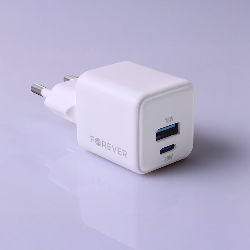 Forever TC-08-20AC GaN PD QC lādētājs 1x USB-C 1x USB-A 20W, balts