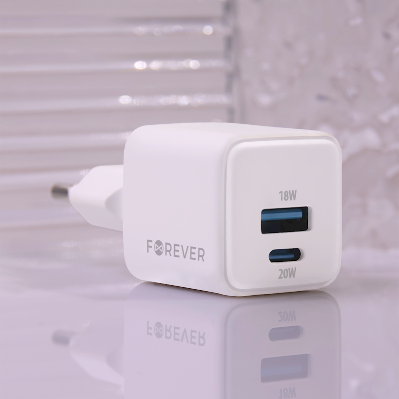 Forever TC-08-20AC GaN PD QC lādētājs 1x USB-C 1x USB-A 20W, balts