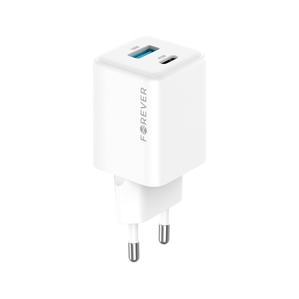 Forever TC-08-45AC GaN PD QC 45 W lādētājs 1x USB-C 1x USB balts ātrai uzlādei