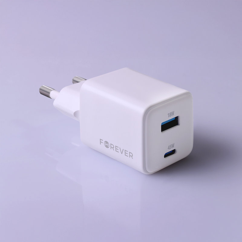 Forever TC-08-45AC GaN PD QC 45 W lādētājs 1x USB-C 1x USB balts ātrai uzlādei