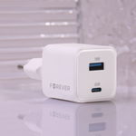 Forever TC-08-45AC GaN PD QC 45 W lādētājs 1x USB-C 1x USB balts ātrai uzlādei