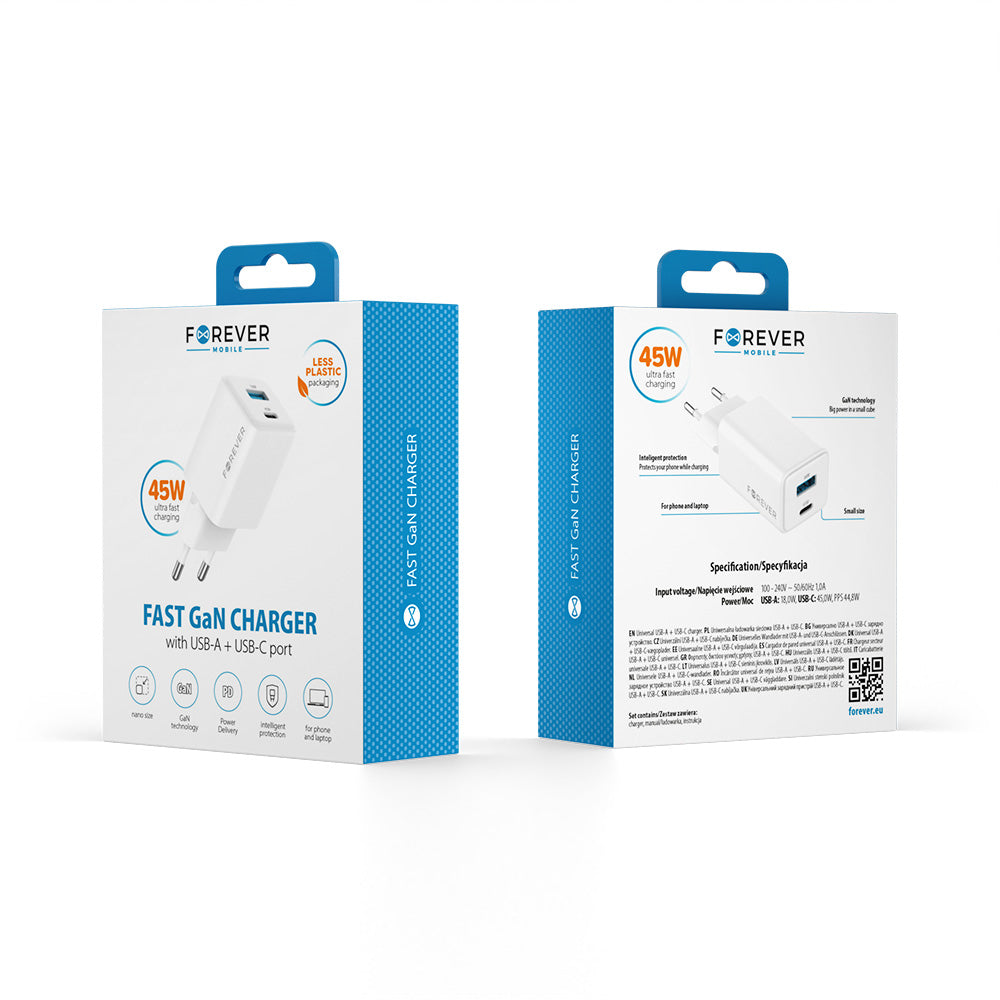 Forever TC-08-45AC GaN PD QC 45 W lādētājs 1x USB-C 1x USB balts ātrai uzlādei