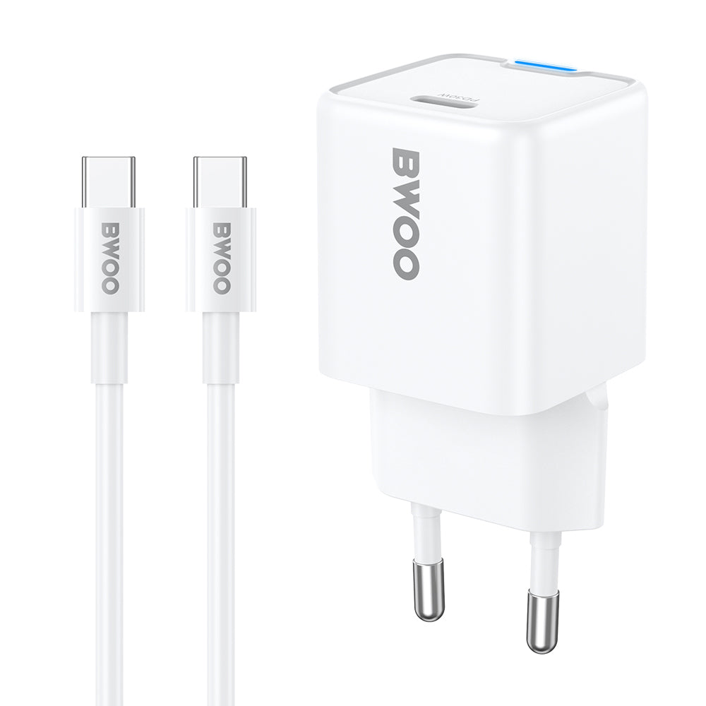 BWOO CDA211 GaN PD sienas lādētājs ar 1 USB-C pieslēgvietu un 60 W USB-C–USB-C kabeli, 30 W, balts
