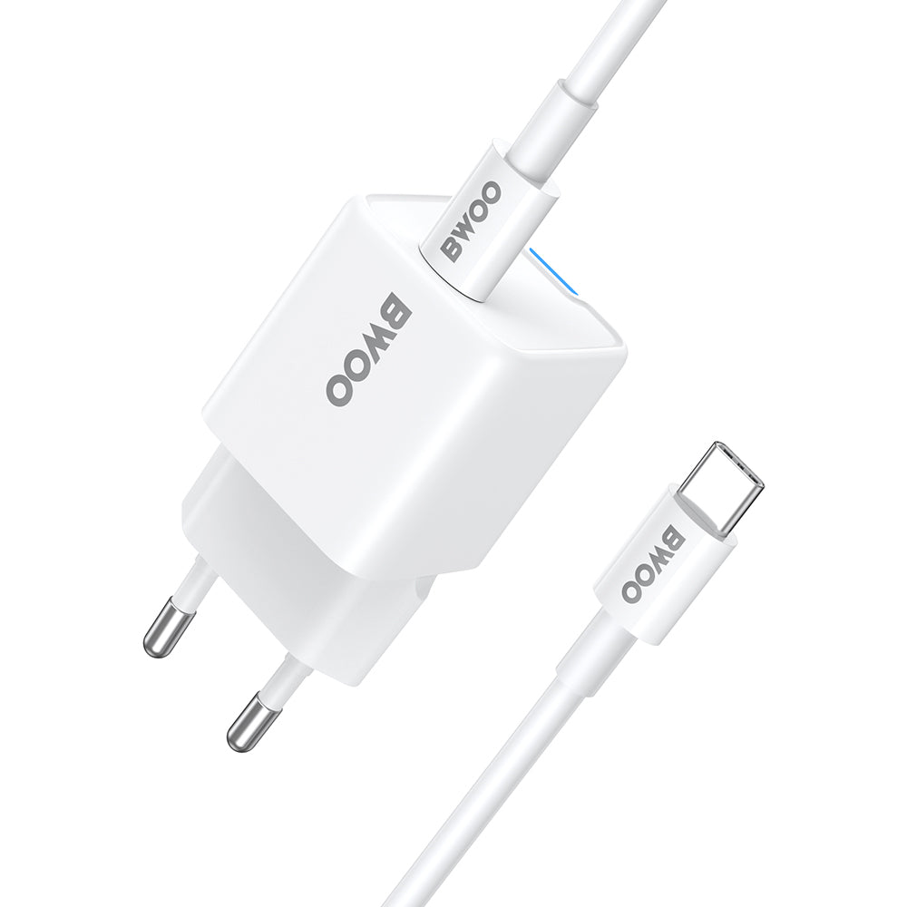 BWOO CDA211 GaN PD sienas lādētājs ar 1 USB-C pieslēgvietu un 60 W USB-C–USB-C kabeli, 30 W, balts