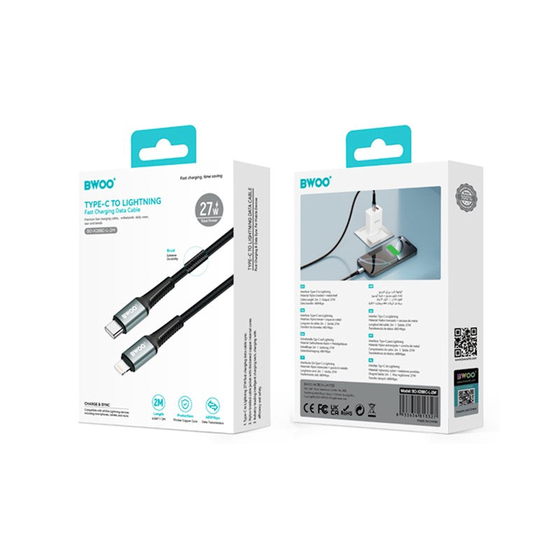 BWOO pīts USB-C–Lightning kabelis, 2 m, 27 W, melns