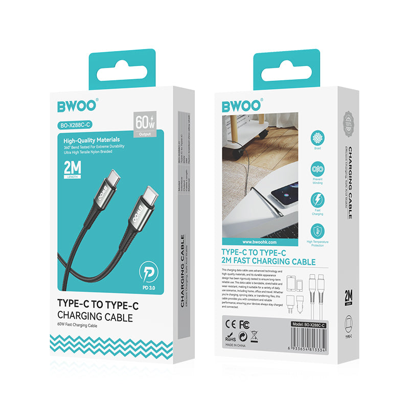 BWOO pīts USB-C – USB-C kabelis 2 m, 65 W, melns