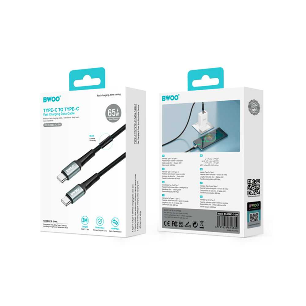 BWOO pīts USB-C–USB-C kabelis, 3 m, 60 W, melns