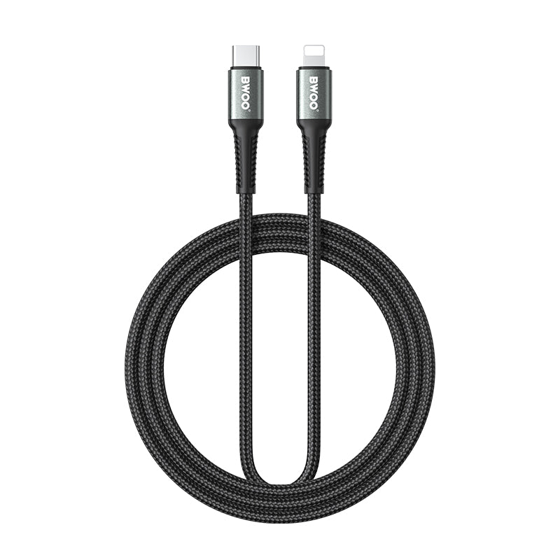 Плетеный кабель BWOO USB-C — Lightning, 3 м, 30 Вт, черный, для быстрой зарядки и передачи данных