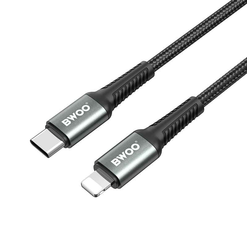 Плетеный кабель BWOO USB-C — Lightning, 3 м, 30 Вт, черный, для быстрой зарядки и передачи данных