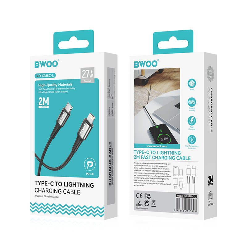 Плетеный кабель BWOO USB-C — Lightning, 3 м, 30 Вт, черный, для быстрой зарядки и передачи данных