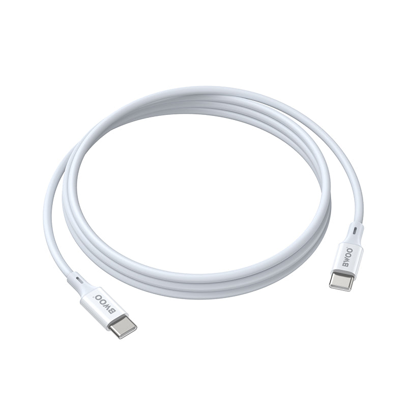 BWOO USB-C–USB-C kabelis, 2 m, 60 W, ABS un TPE, balts