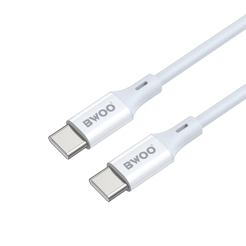 BWOO USB-C–USB-C kabelis, 2 m, 60 W, ABS un TPE, balts
