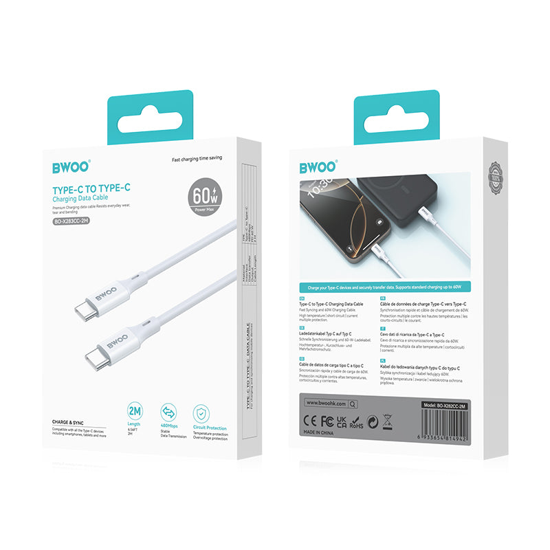 BWOO USB-C–USB-C kabelis, 2 m, 60 W, ABS un TPE, balts