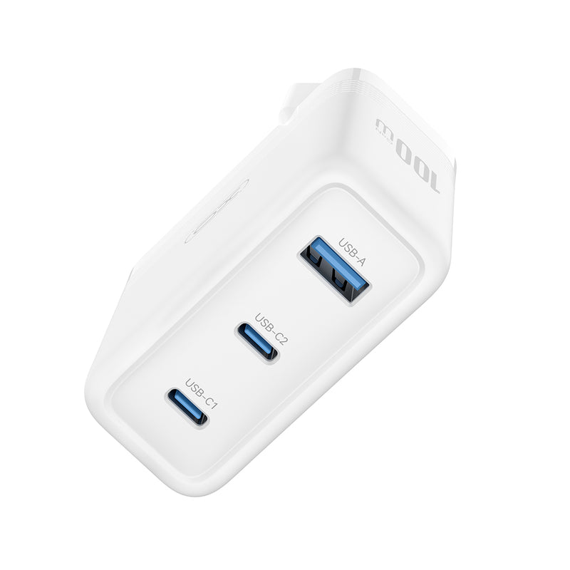 XO sienas lādētājs CE35 PD 100 W 2× USB-C 1× USB, balts
